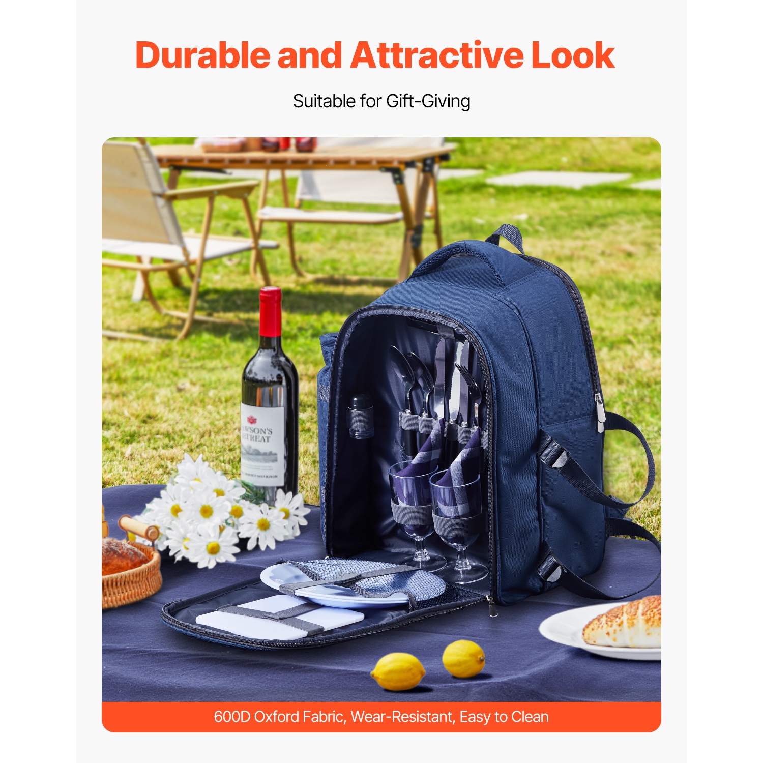 Beach Picnic Backpack Bag For 2 Person With Cooler Compartment Navy Blue_voghion.com